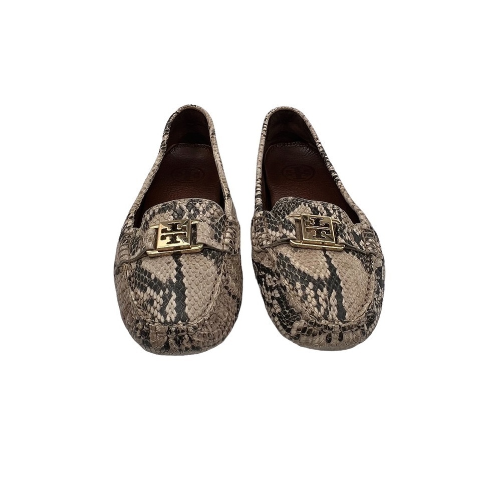 Tory Burch Tan Black Kendrick Driver Python Mocca… - image 3